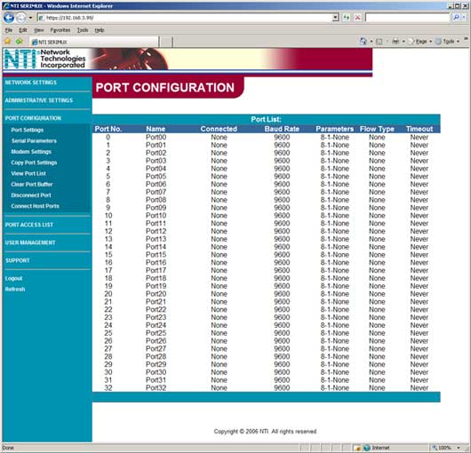 Écran de configuration de port via une connexion Ethernet sécurisée